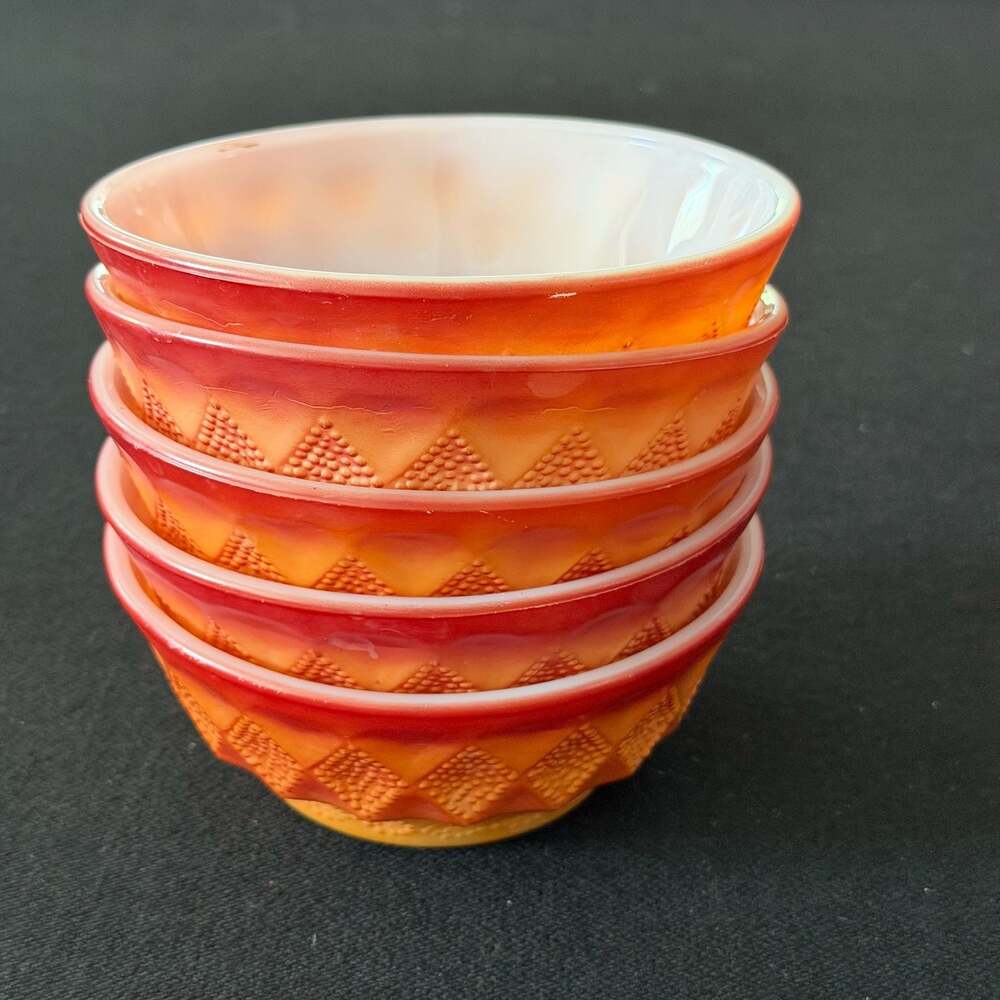 5 Vintage Anchor Hocking Fire-King Kimberly Diamond Red-Orange Ombre Bowls